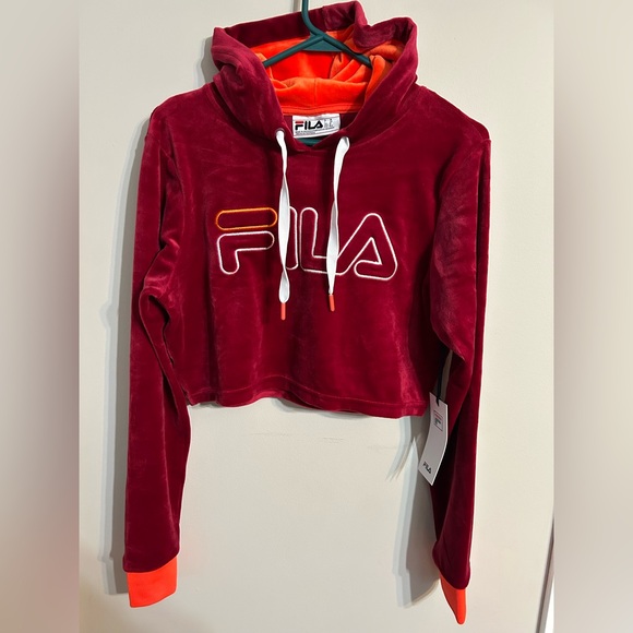 Women’s Medium FILA burgundy and orange velvet crop hooded top, hoodie - Picture 1 of 10